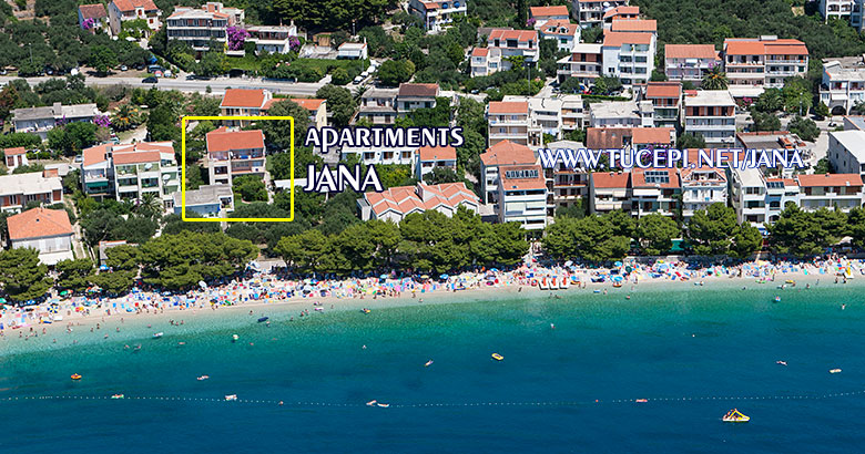 position of apartments jana in Tučepi, aerial, sea side view